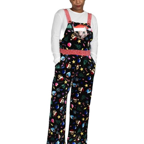 Celebrate Together Christmas Cat Overalls Black Tacky Holiday Velour Jumpsuit XL - Picture 1 of 16